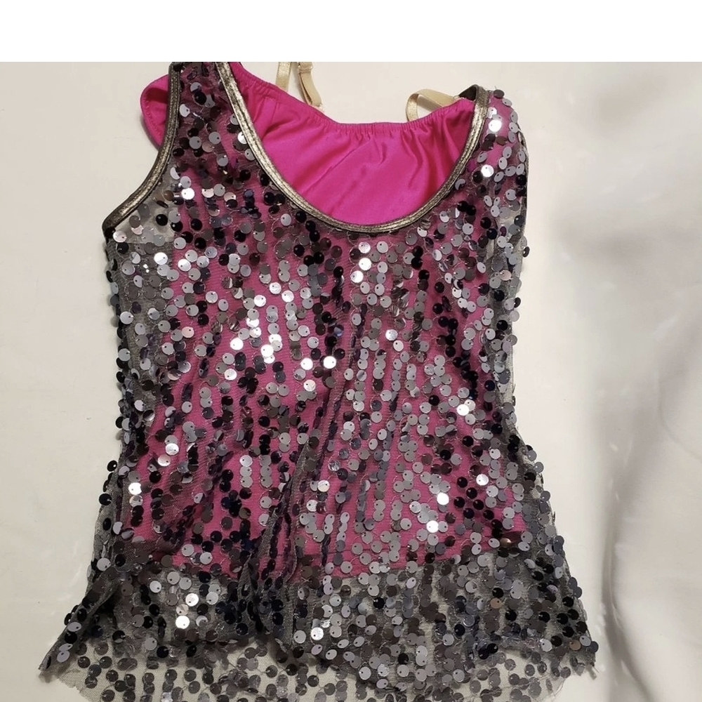 Tap, Jazz Dance Costume Top, Silver shimmer tank with Pink shirt, Medium child